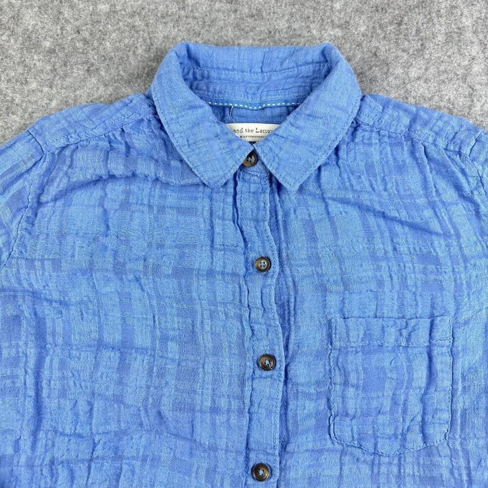 Anthropologie Pilcro Tunic Top Womens 2 Blue Gauzy Plaid Linen Blend Button Up*